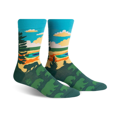 mens crew socks in green, blue, orange, and black with pine trees, bears, and mountains.  