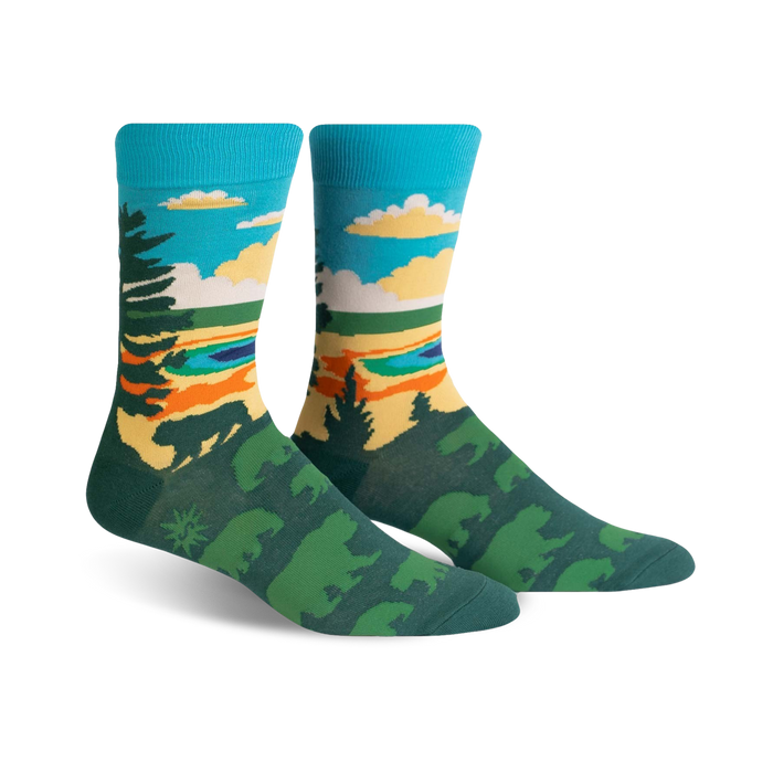 mens crew socks in green, blue, orange, and black with pine trees, bears, and mountains.  