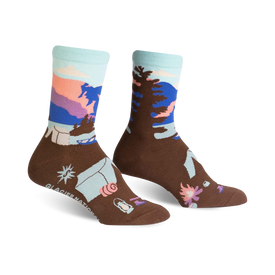  glacier national park hiking socks for women are brown with a blue and purple mountain design.  