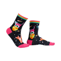 Lifestyle shot: Space Cats socks on a model's legs, showcasing the socks' fit and design.