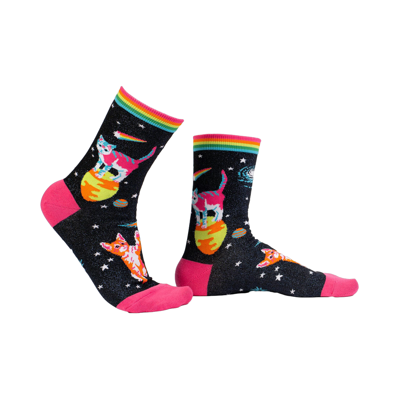 Lifestyle shot: Space Cats socks on a model's legs, showcasing the socks' fit and design.