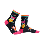 Lifestyle shot: Space Cats socks on a model's legs, showcasing the socks' fit and design.