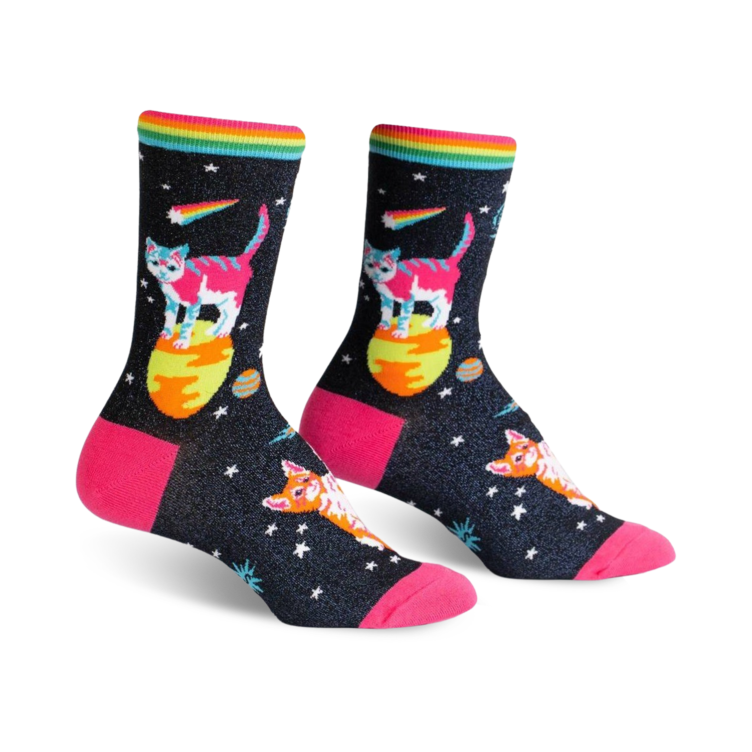 Pair of women's crew socks. Black background with colorful space cats, planets, and rainbow stripe. Pink heel and toe.