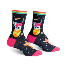 black crew socks with cartoon cat in space design, pink toes and heels.  