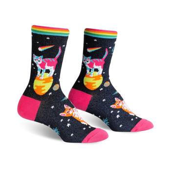  black crew socks with cartoon cat in space design, pink toes and heels.  