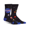Pair of black crew socks with a blue NASA logo, colorful planets, and stars. 