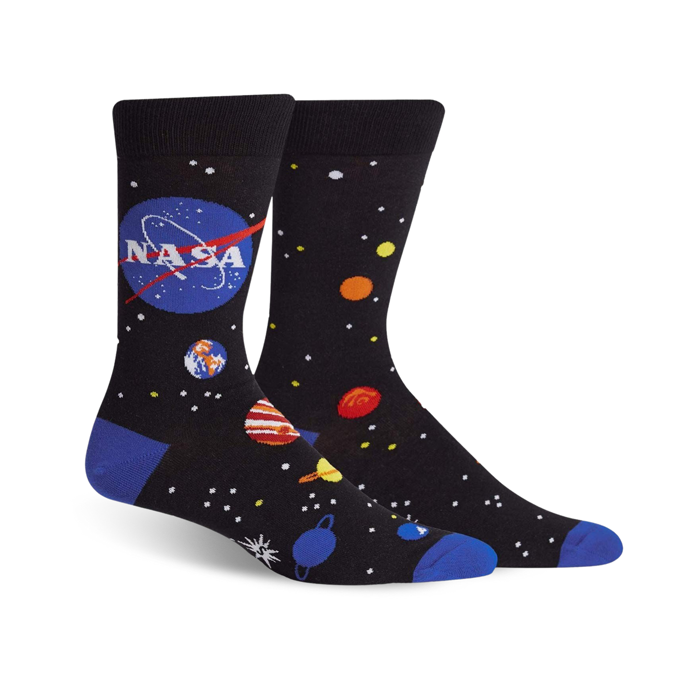 Pair of black crew socks with a blue NASA logo, colorful planets, and stars. 