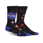 Pair of black crew socks with a blue NASA logo, colorful planets, and stars. 
