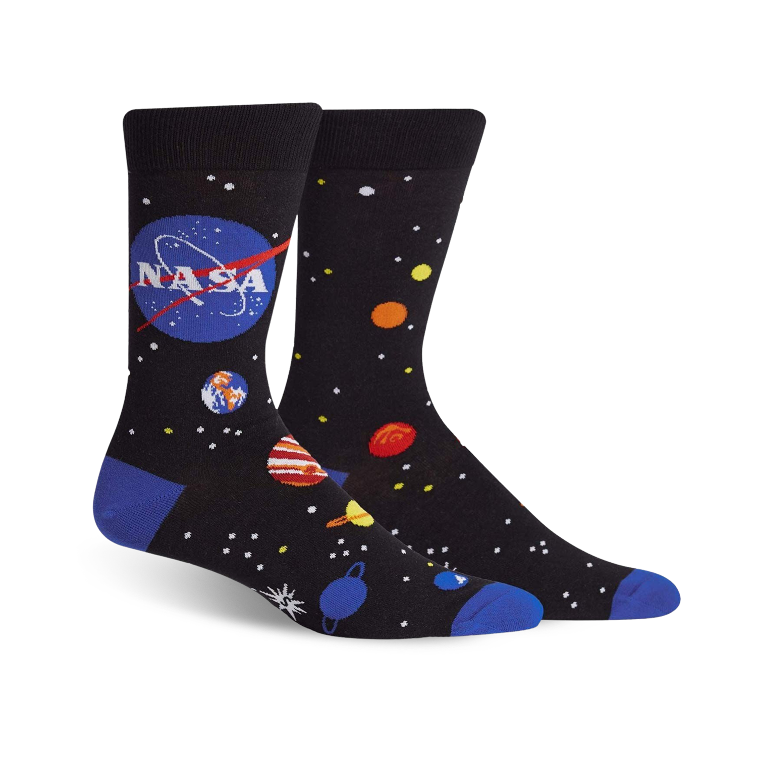 Pair of black crew socks with a blue NASA logo, colorful planets, and stars. 