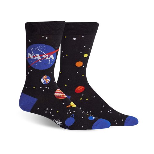 Pair of black crew socks with a blue NASA logo, colorful planets, and stars. 