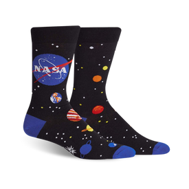 crew-length socks for men, featuring planets, stars, and nasa logo. astronaut approved!  