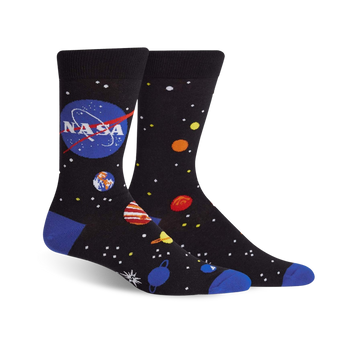 crew-length socks for men, featuring planets, stars, and nasa logo. astronaut approved!  
