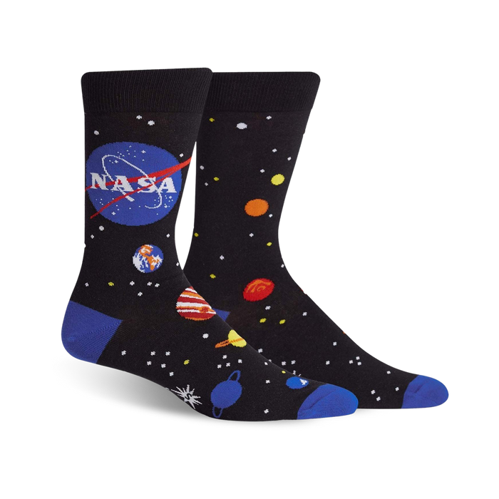 crew-length socks for men, featuring planets, stars, and nasa logo. astronaut approved!   }}