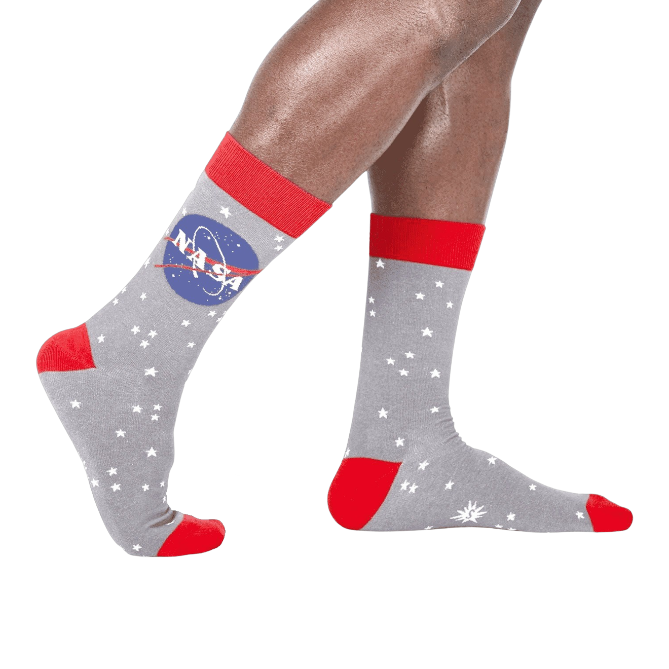 A pair of gray crew socks with the NASA logo and white stars. Red accents on the cuffs and toes. Glow in the dark feature.