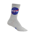 Crew socks in grey featuring the NASA logo in blue and red. A small additional design is visible near the toe.