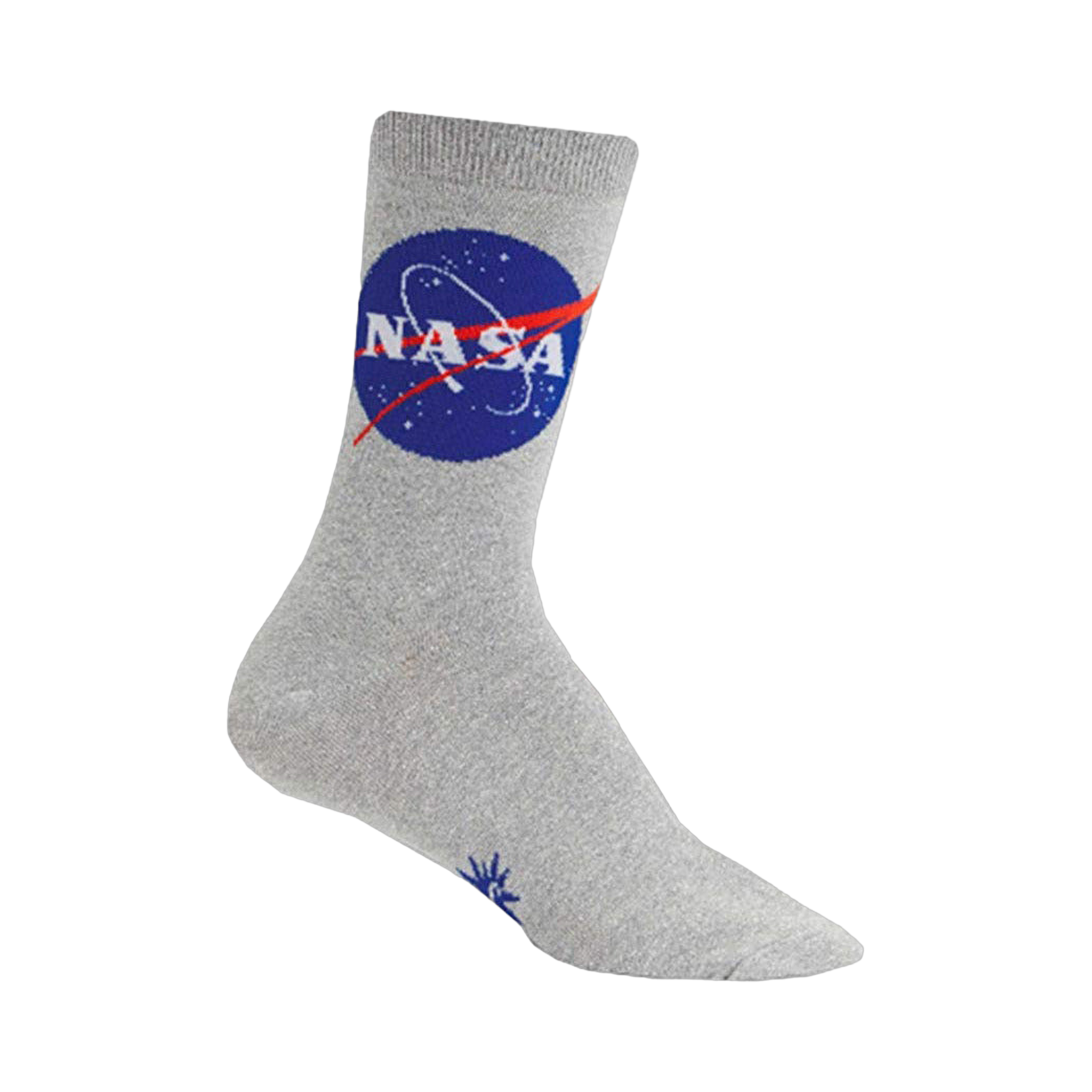 Crew socks in grey featuring the NASA logo in blue and red. A small additional design is visible near the toe.