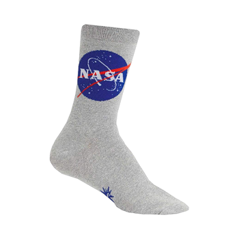 Crew socks in grey featuring the NASA logo in blue and red. A small additional design is visible near the toe.