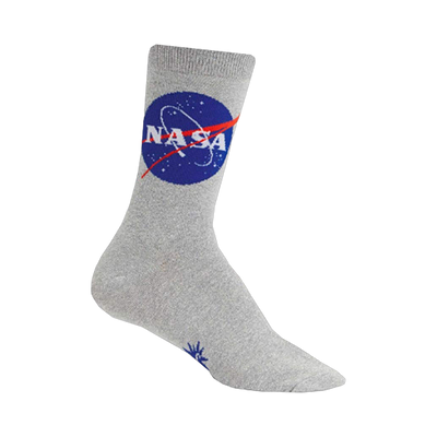 Crew socks in grey featuring the NASA logo in blue and red. A small additional design is visible near the toe.