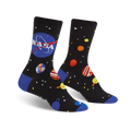 Pair of black crew socks with a colorful solar system design, including planets, stars, and the NASA logo. Blue accents at the toe and heel.