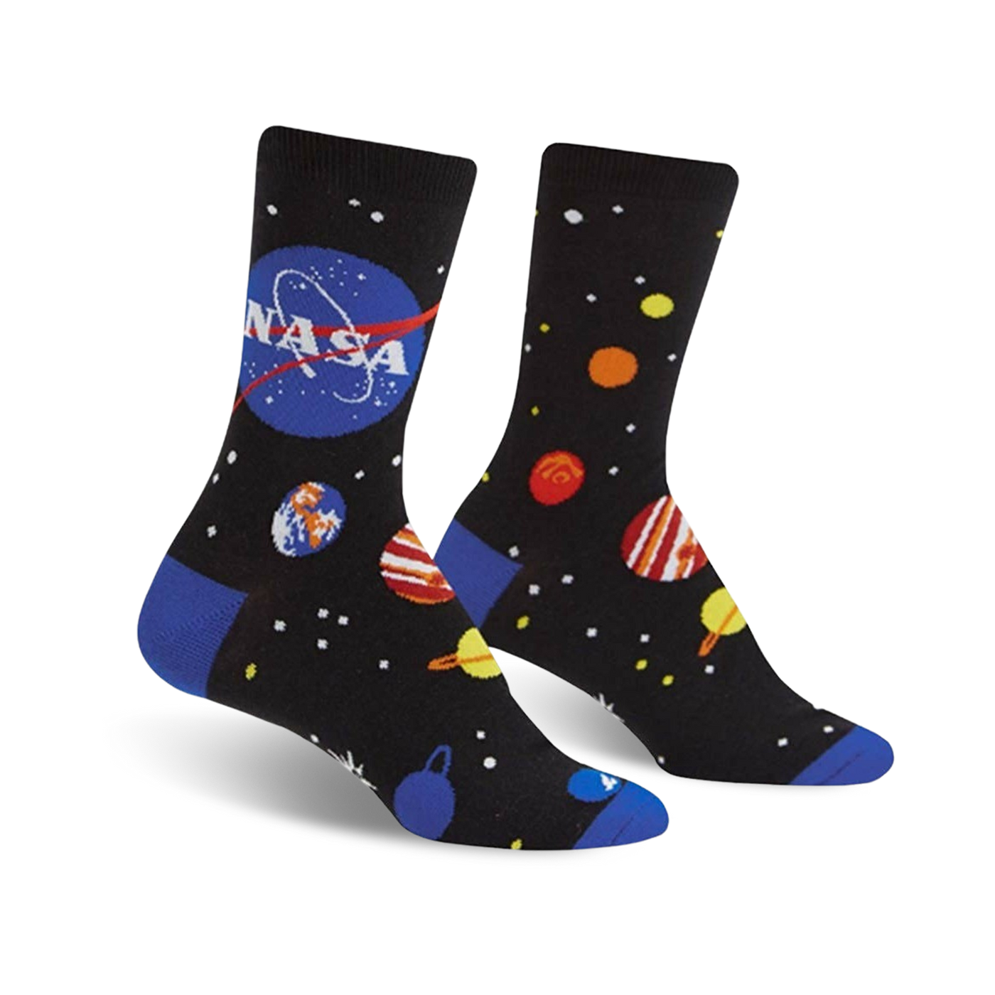 Pair of black crew socks with a colorful solar system design, including planets, stars, and the NASA logo. Blue accents at the toe and heel.