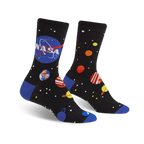 Pair of black crew socks with a colorful solar system design, including planets, stars, and the NASA logo. Blue accents at the toe and heel.