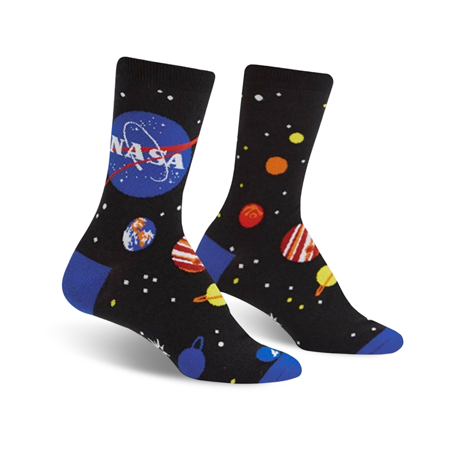 Pair of black crew socks with a colorful solar system design, including planets, stars, and the NASA logo. Blue accents at the toe and heel.