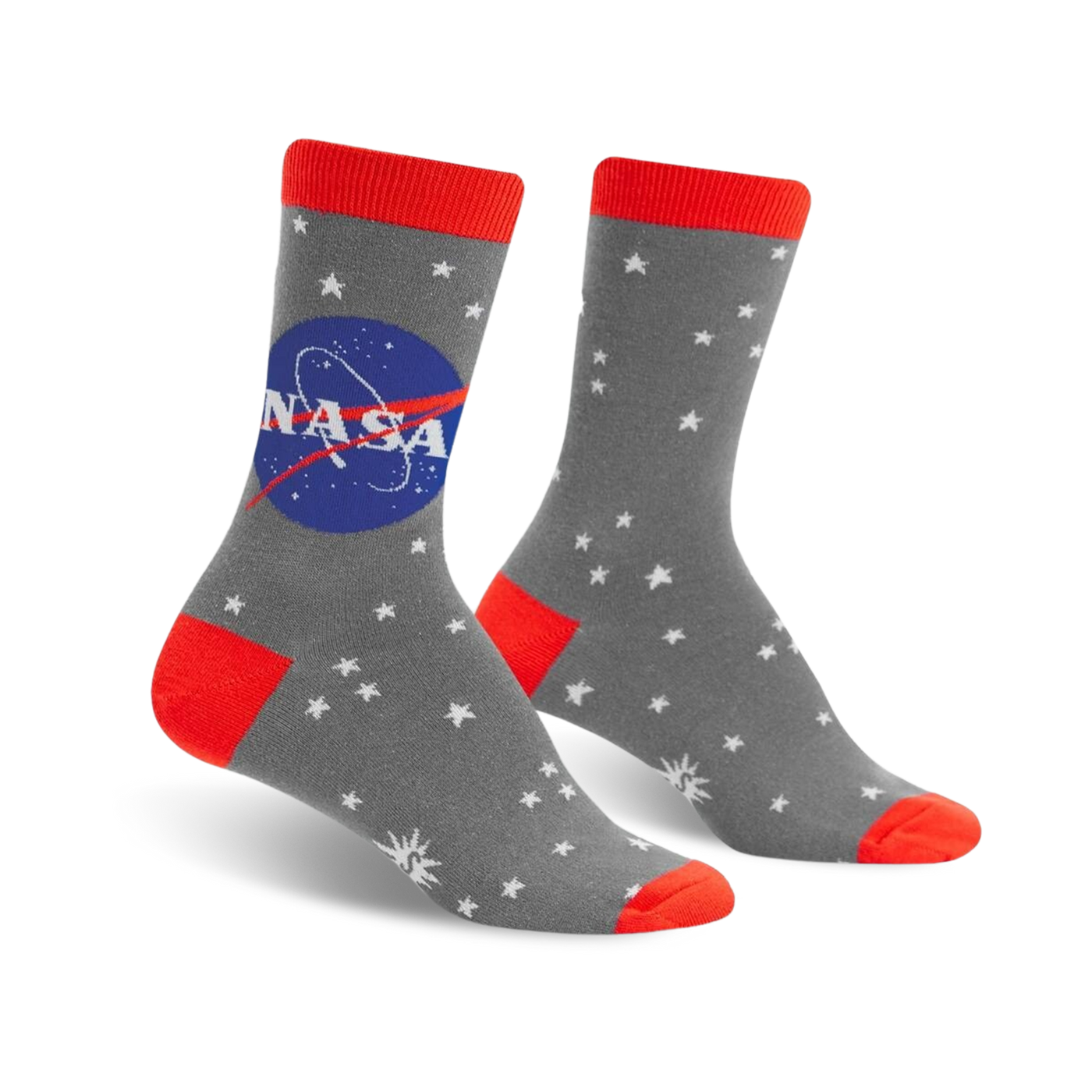Gray crew socks with a vibrant red cuff, the NASA logo, and a white star pattern. Glow-in-the-dark design.