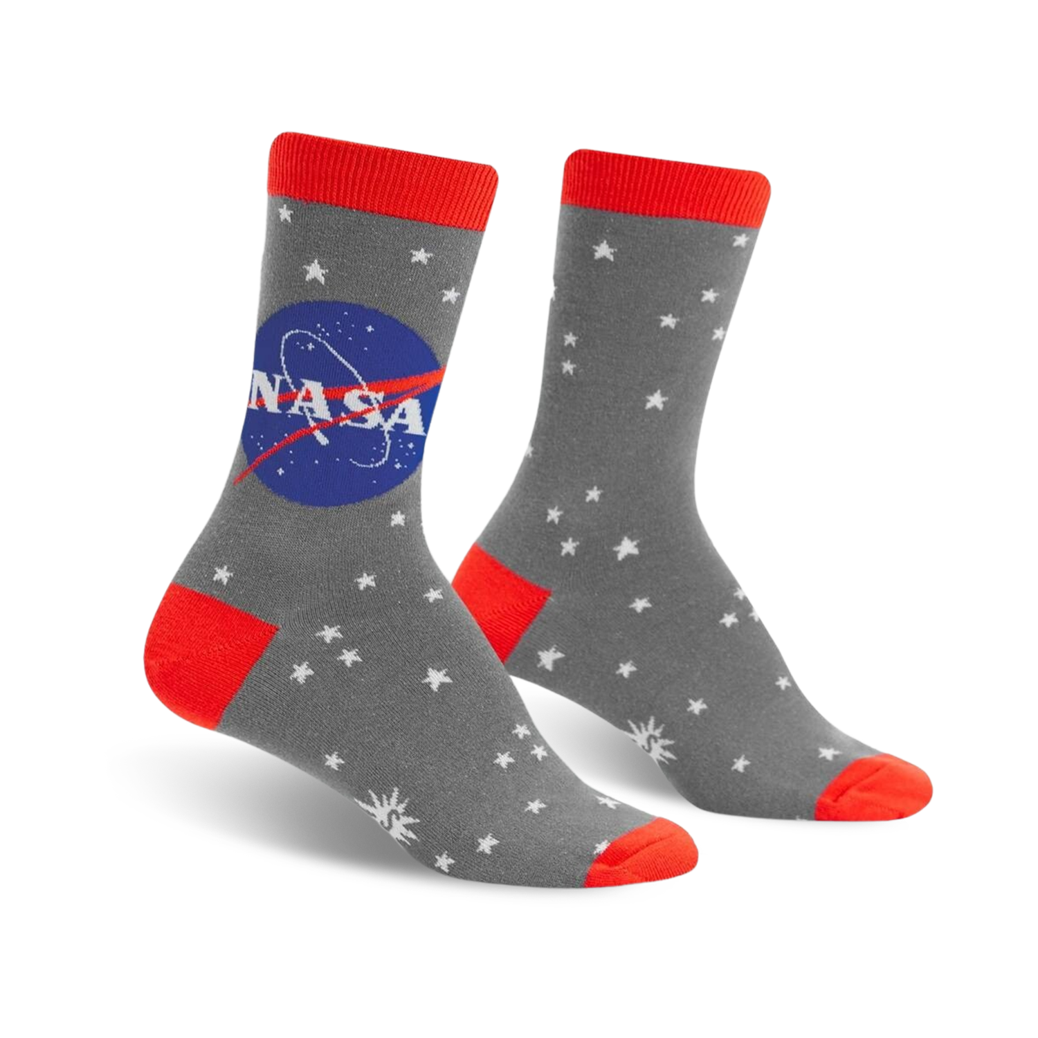 Gray crew socks with a vibrant red cuff, the NASA logo, and a white star pattern. Glow-in-the-dark design.