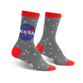 nasa stargazer glow in the dark socks.  grey with red cuff and toe, feature nasa logo and white stars.   