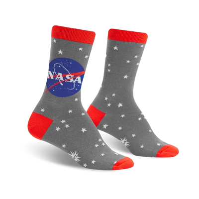 nasa stargazer glow in the dark socks.  grey with red cuff and toe, feature nasa logo and white stars.   