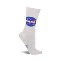 Grey crew socks with the NASA logo in blue and red. Small star design on the sole.