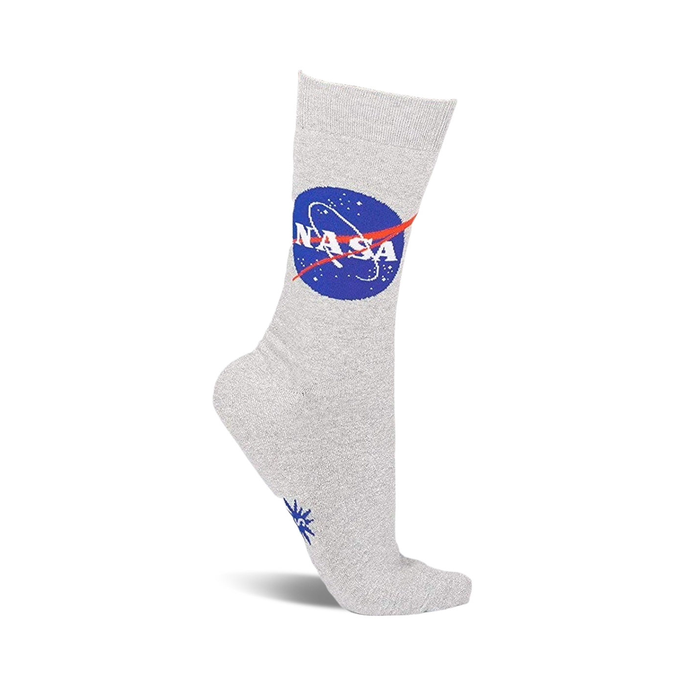 Grey crew socks with the NASA logo in blue and red. Small star design on the sole.