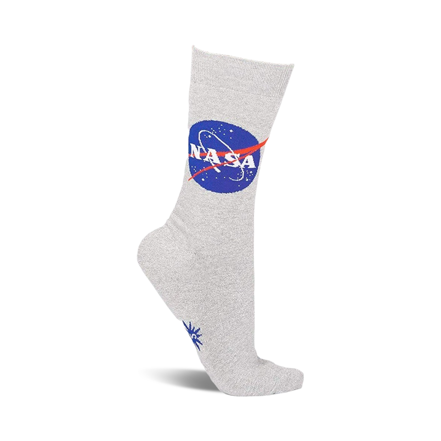 Grey crew socks with the NASA logo in blue and red. Small star design on the sole.