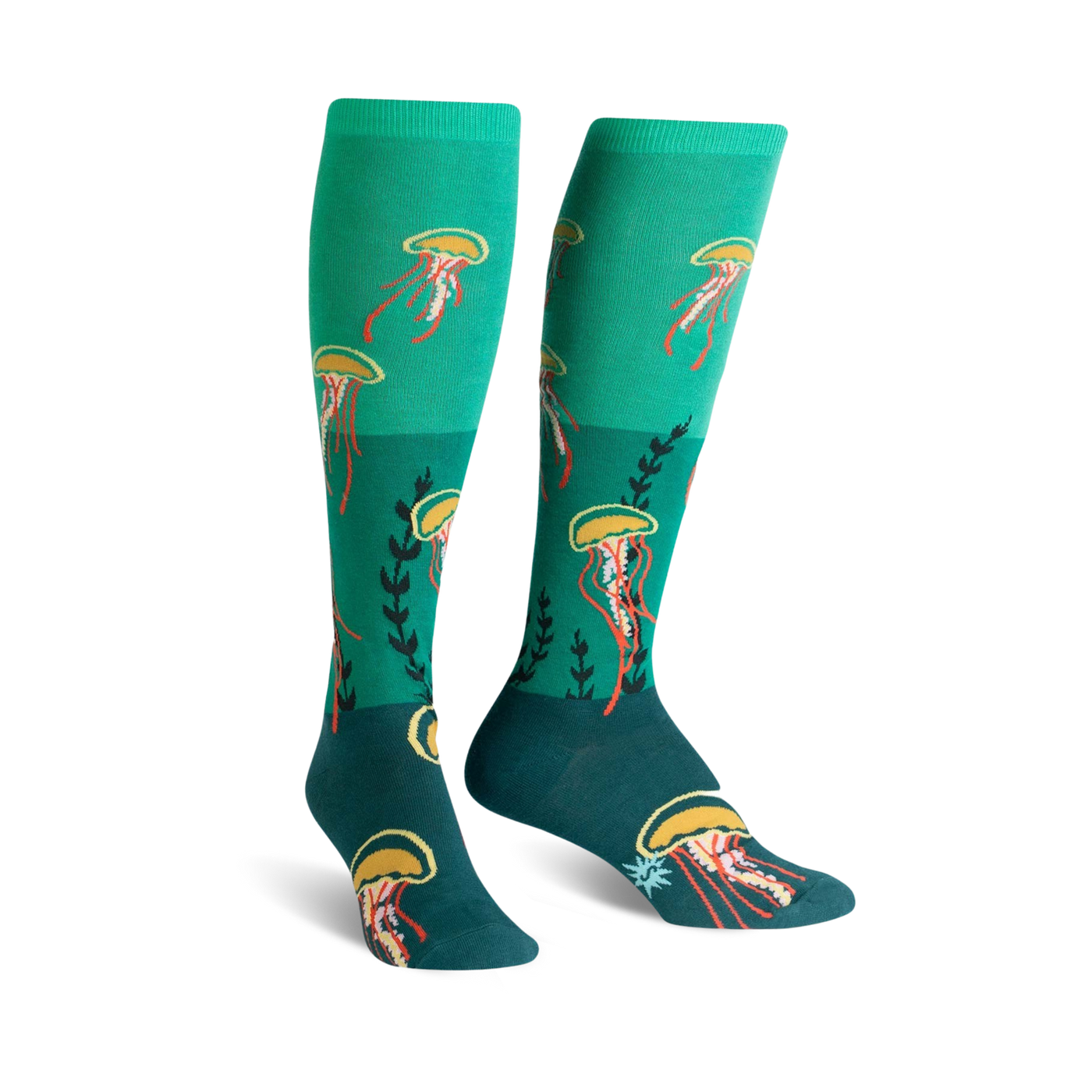 A pair of teal knee-high socks adorned with whimsical jellyfish and seaweed designs.  Perfect for adding a touch of ocean magic to your outfit!