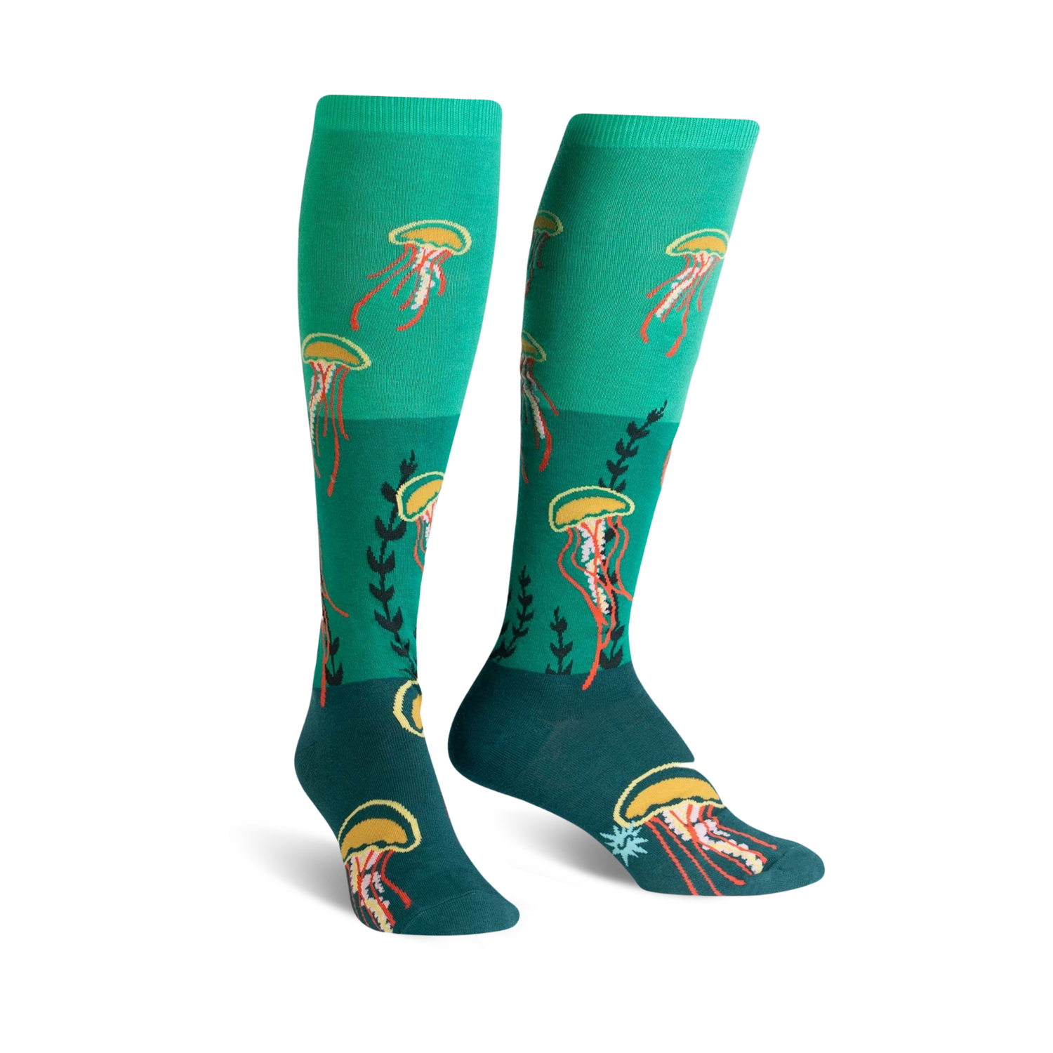 A pair of teal knee-high socks adorned with whimsical jellyfish and seaweed designs.  Perfect for adding a touch of ocean magic to your outfit!