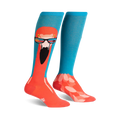 Pair of knee-high socks.  One sock shows a flamingo wearing sunglasses; the other sock is teal with a flamingo pattern at the bottom.