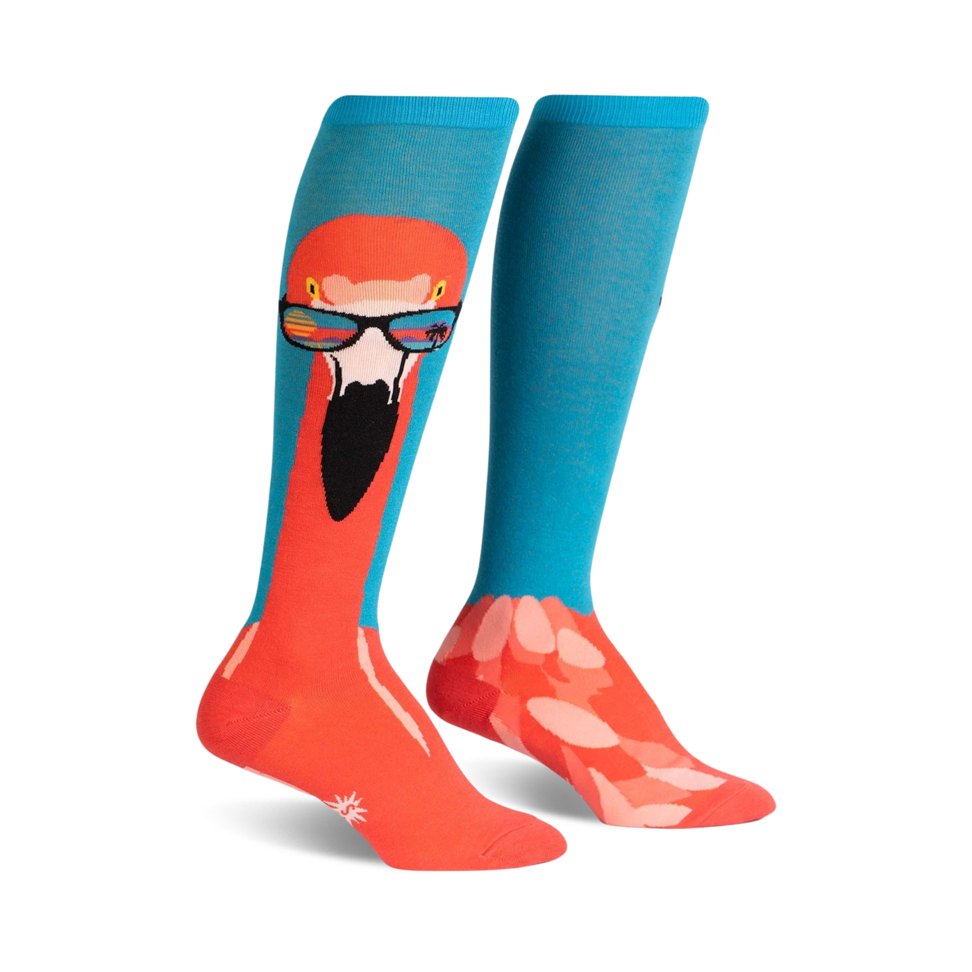 Pair of knee-high socks.  One sock shows a flamingo wearing sunglasses; the other sock is teal with a flamingo pattern at the bottom.