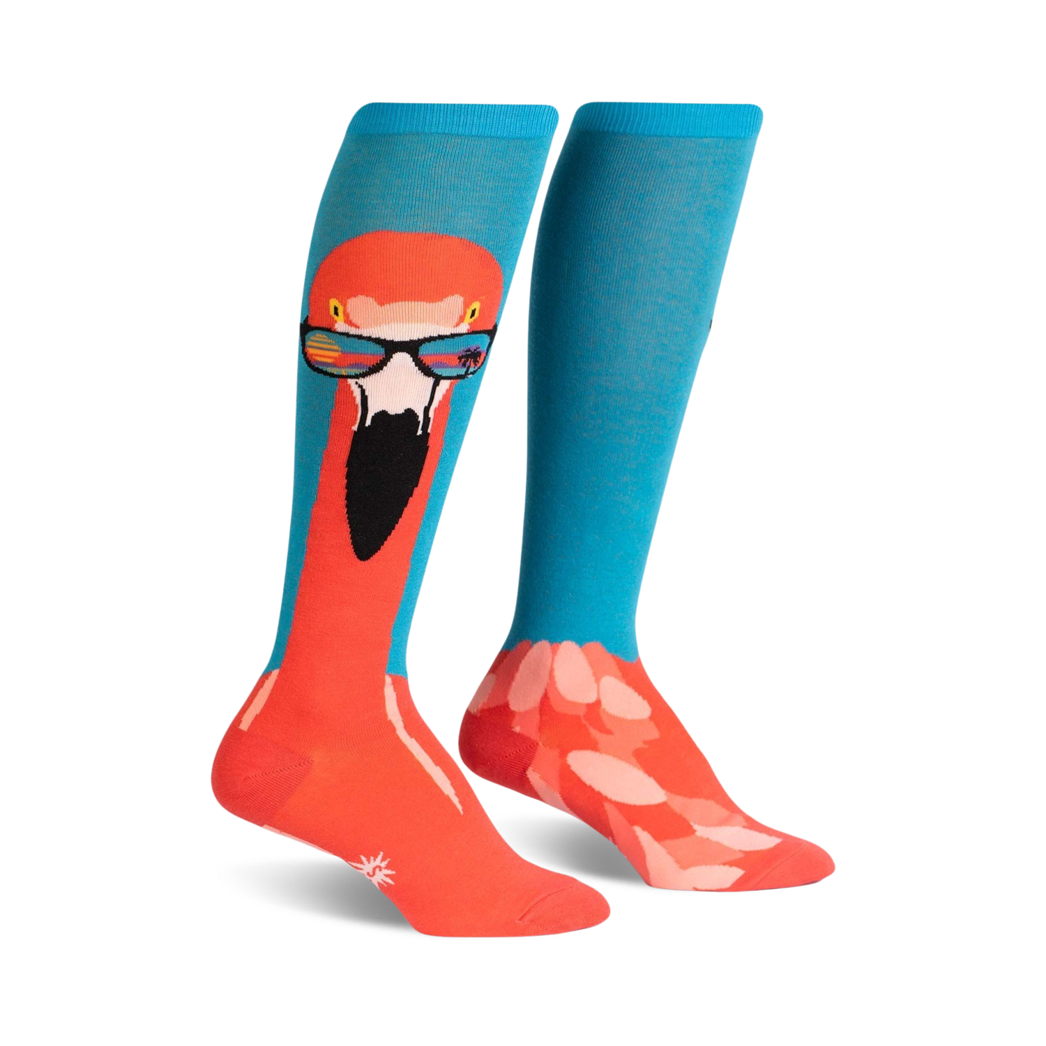 Pair of knee-high socks.  One sock shows a flamingo wearing sunglasses; the other sock is teal with a flamingo pattern at the bottom.