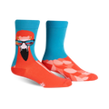 A pair of crew socks; one coral with a flamingo wearing sunglasses, the other teal with a pink flamingo pattern. 