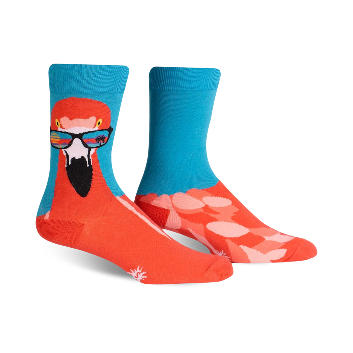 A pair of crew socks; one coral with a flamingo wearing sunglasses, the other teal with a pink flamingo pattern. 