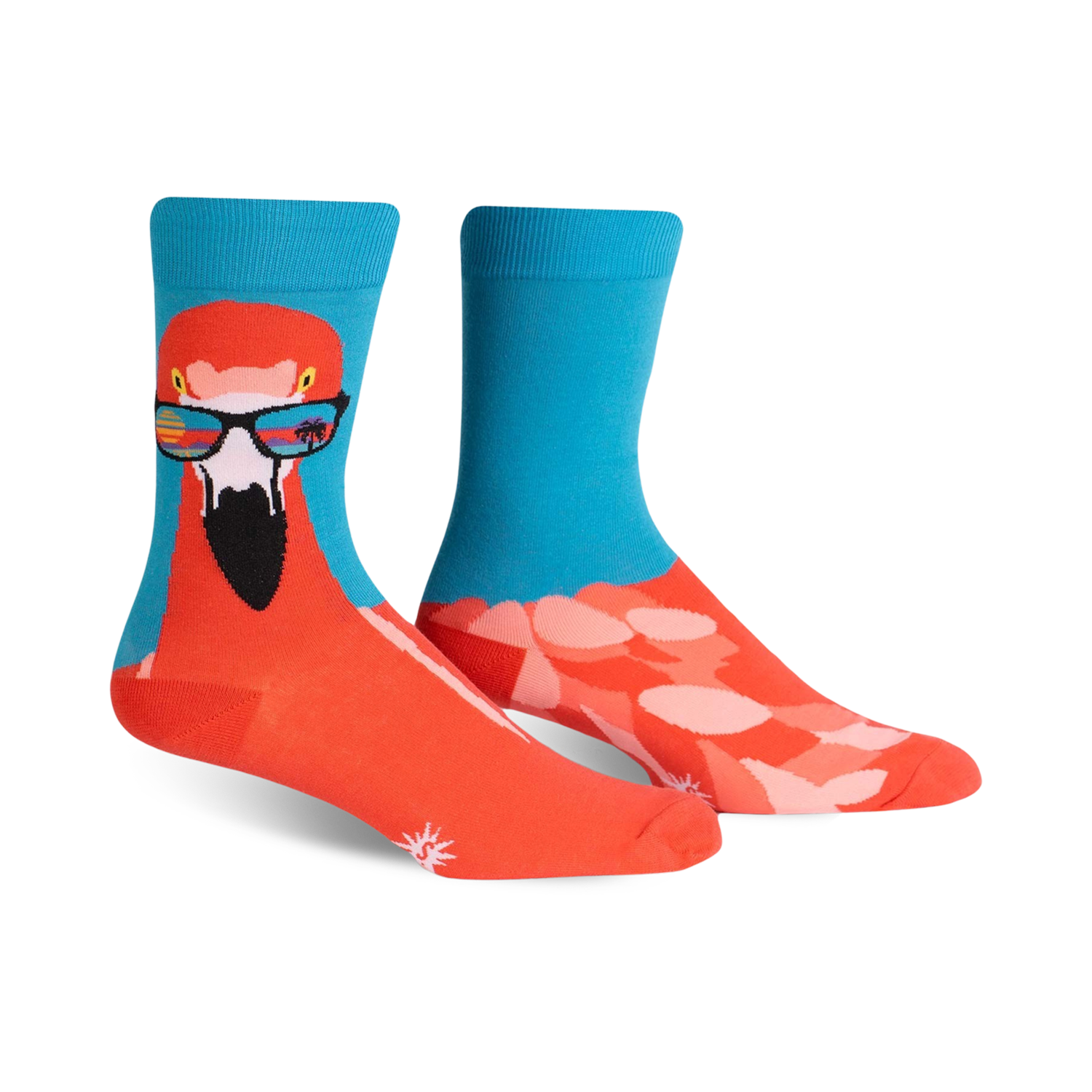 A pair of crew socks; one coral with a flamingo wearing sunglasses, the other teal with a pink flamingo pattern. 