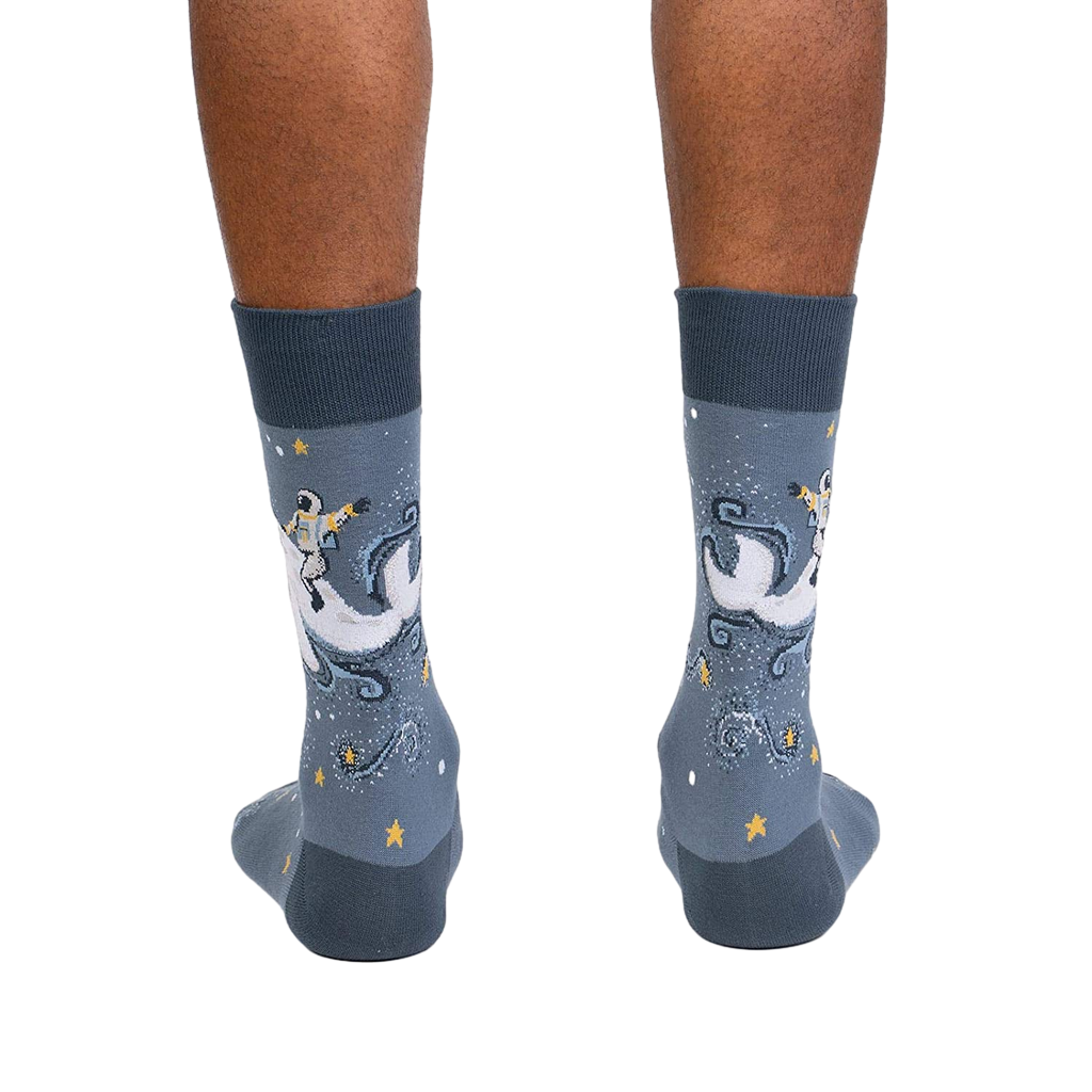 Rear view of the Cosmic Cetacean socks, showing the full design on both socks.