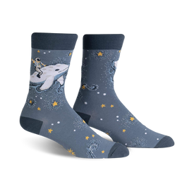 blue crew socks with astronaut riding narwhal in space. mens cosmic theme socks.  