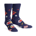 Pair of navy blue crew socks with a whimsical design featuring red lobsters, crabs, lemon slices, and other seafood boil elements.
