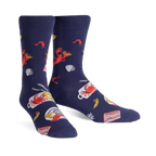 Pair of navy blue crew socks with a whimsical design featuring red lobsters, crabs, lemon slices, and other seafood boil elements.
