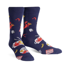 mens novelty dark blue crew socks with pattern of red lobsters, blue crabs, lemons, bowls, and forks.  