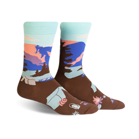 brown glacier national park crew socks for men with camping items and mountain scene pattern.   