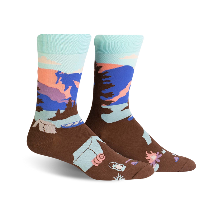brown glacier national park crew socks for men with camping items and mountain scene pattern.    }}