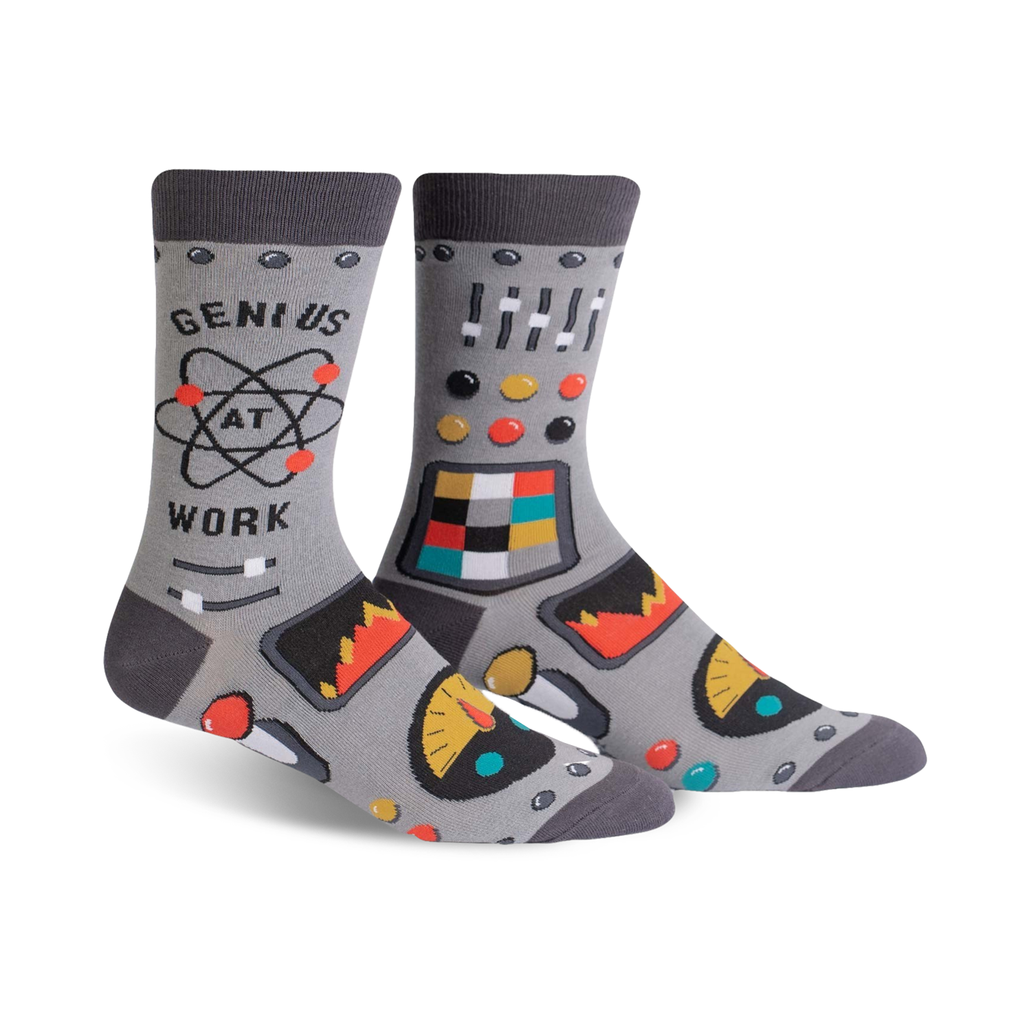 Pair of gray crew socks with a robot control panel design, atom graphic, and the phrase 'Genius at Work'. Features pops of orange, teal, and yellow.