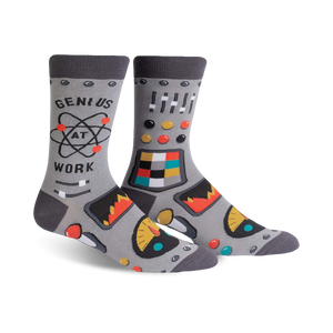 crew socks in gray with gears, cogs, and mechanical elements. 